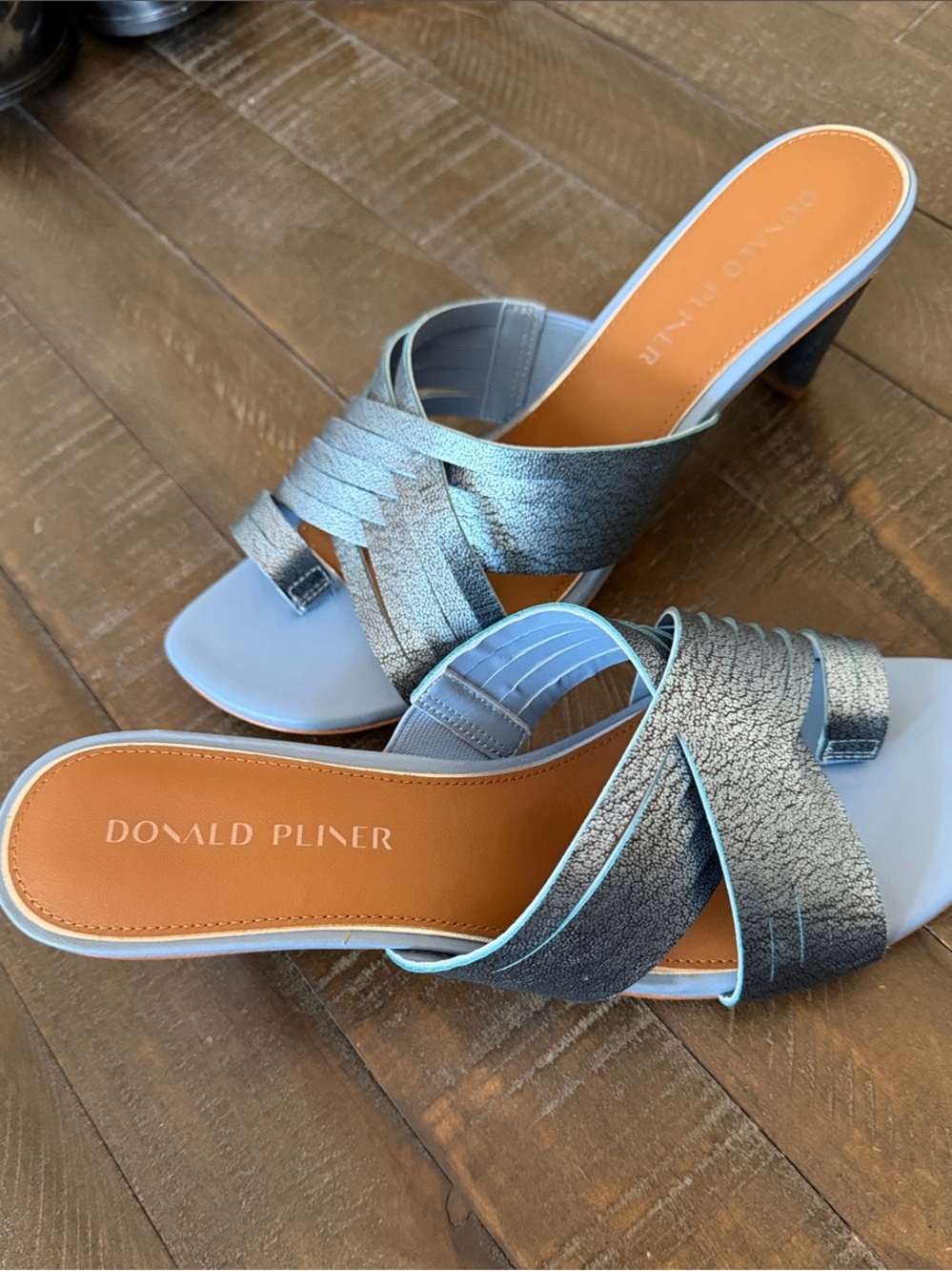 Donald J. Pliner Silver Metallic Crisscross Slide Mules